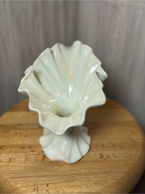 Vintage Iridescent Pearl Luster Ruffled Shell Ceramic Vase Coastal Decor